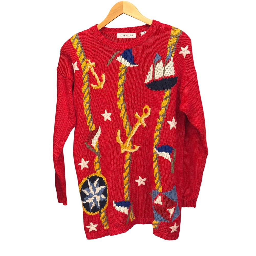 Vintage Chaus Sweater Nautical Coastal Sailor Maritime Yacht Club Preppy Red M